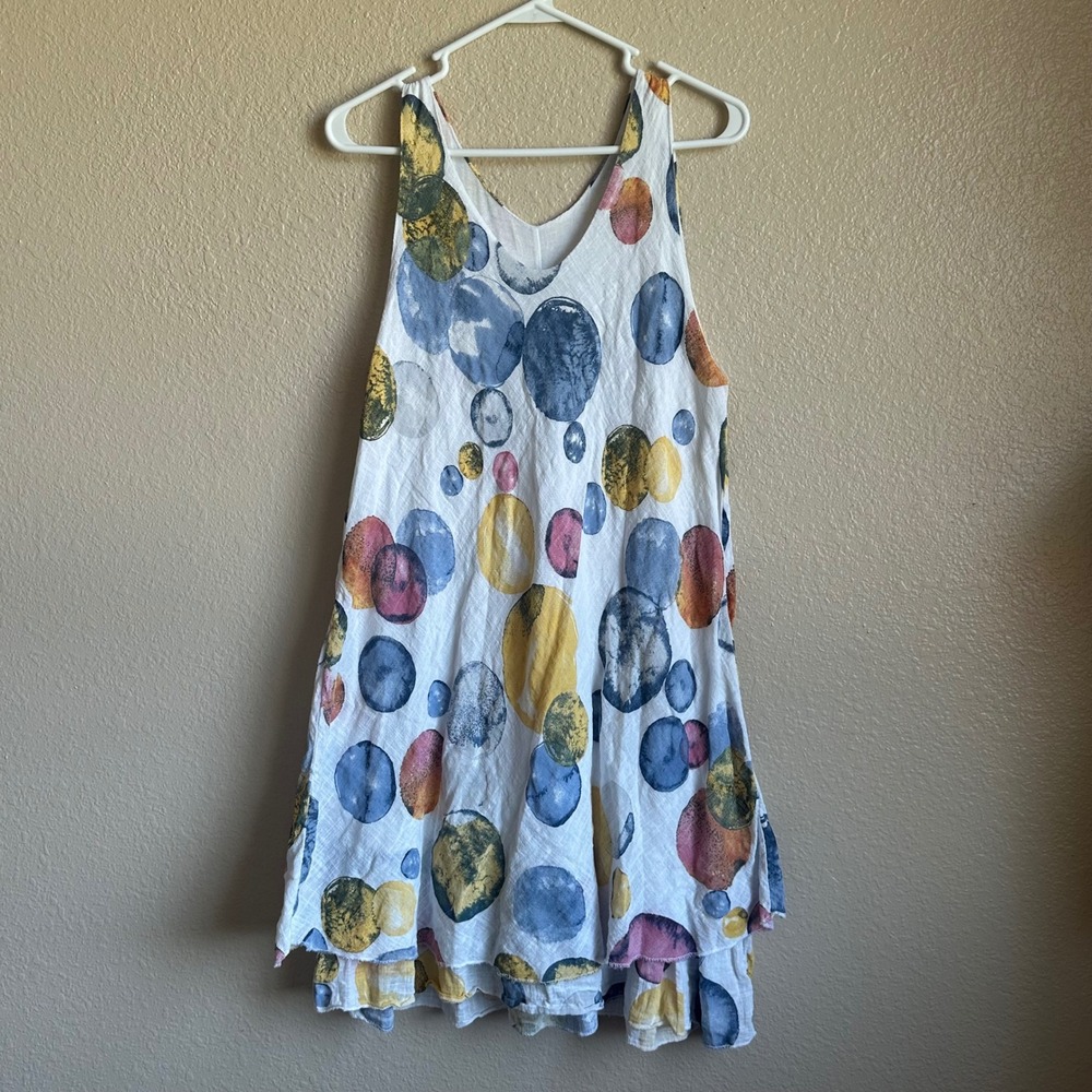 Lagenlook Italian Linen Layered Raw Hem Dress Abstract Polkadot Beachy Boho Art